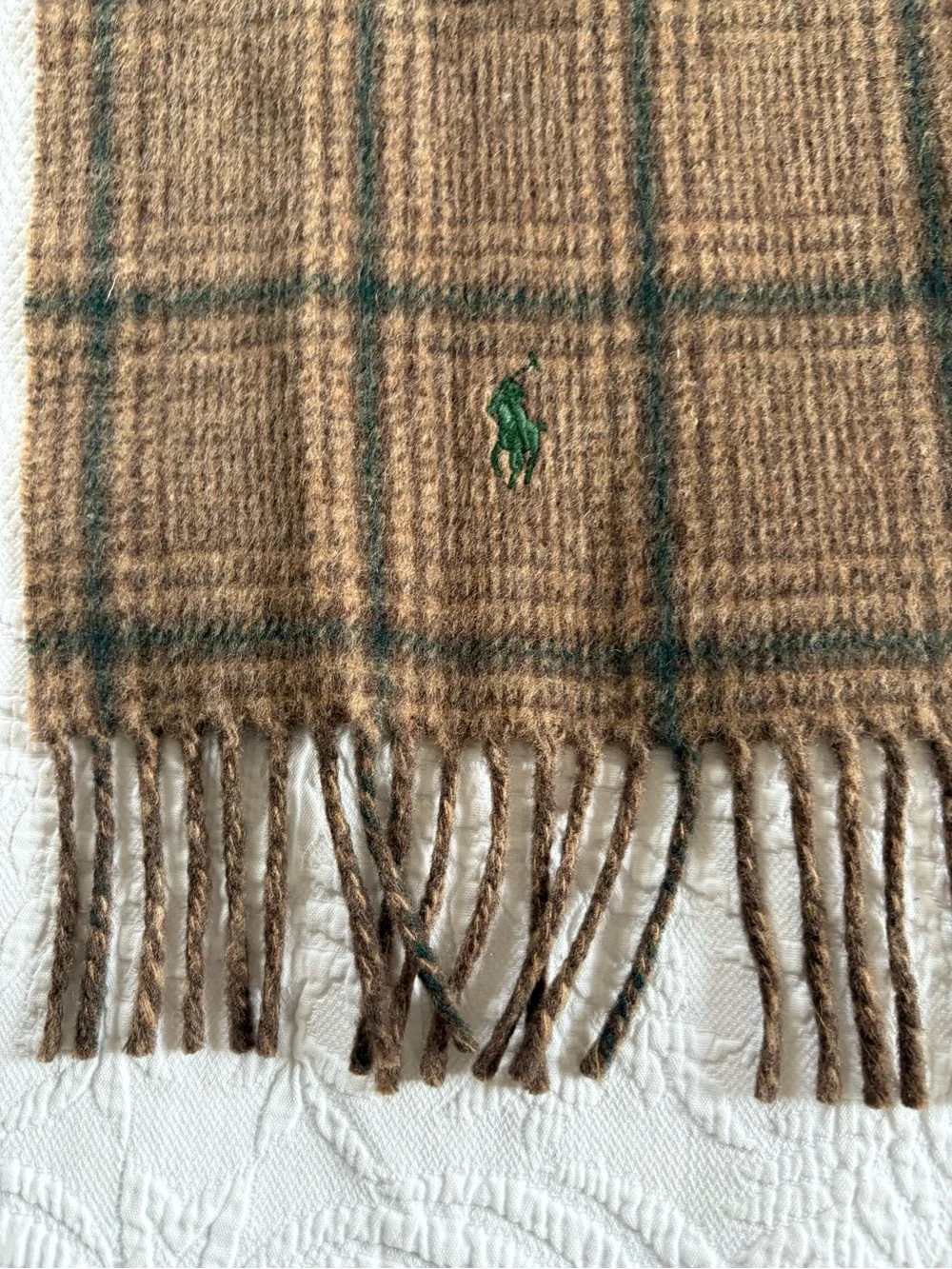 Polo Ralph Lauren lambswool wool plaid reversible scarf unisex fringe brown